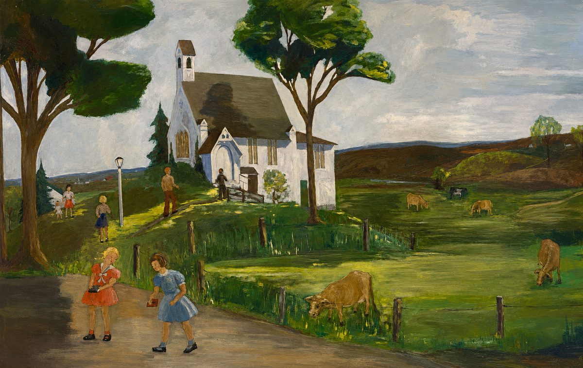 Folk art painting of Griswoldville Chapel in a pastoral Connecticut landscape