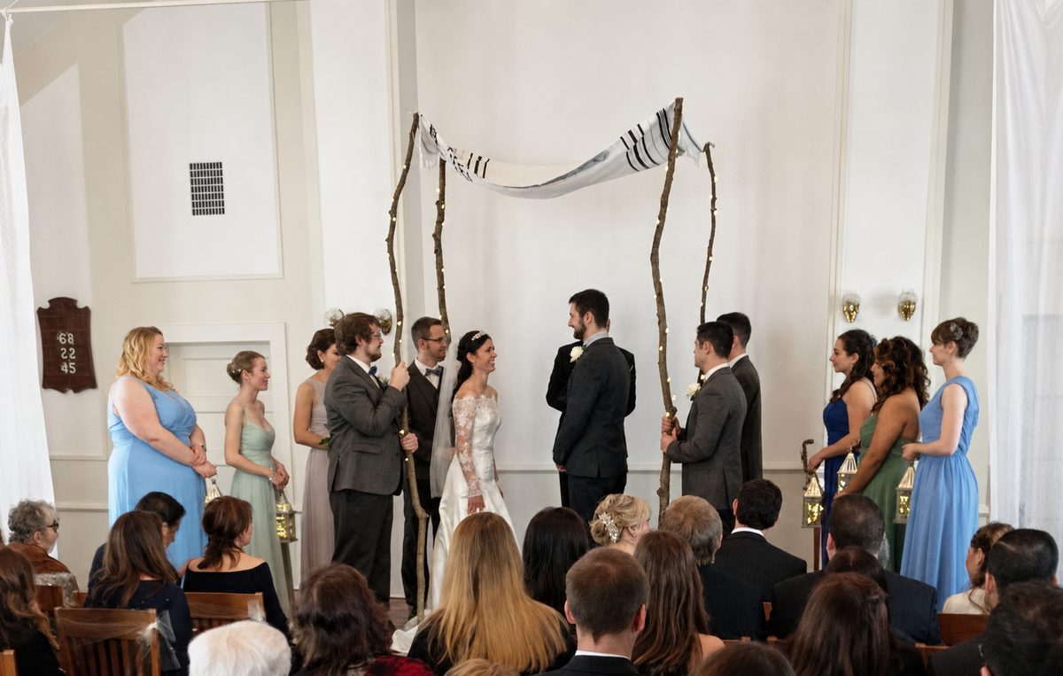 Wedding ceremony inside the chapel with guests seated and wedding party at the altar